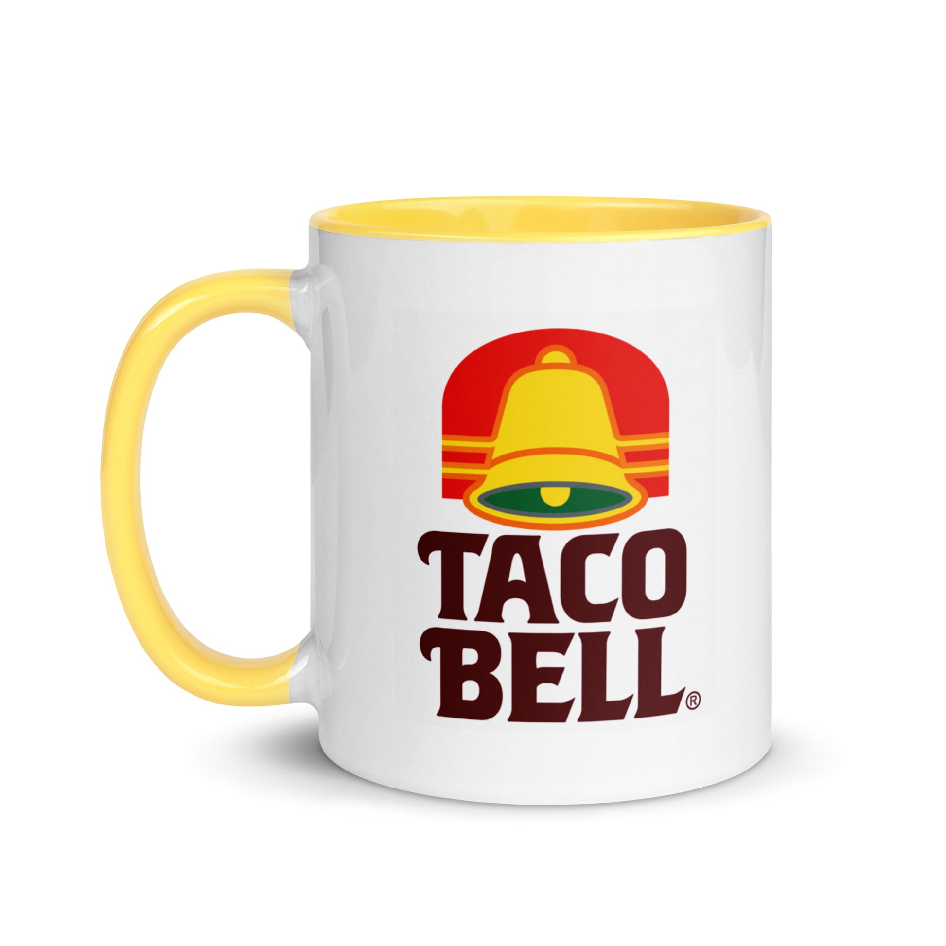 Vintage Taco Bell logo coffee mug with yellow handle and interior, featuring the classic bell design, perfect for fast food collectors, restaurant memorabilia fans, and retro kitchen décor.