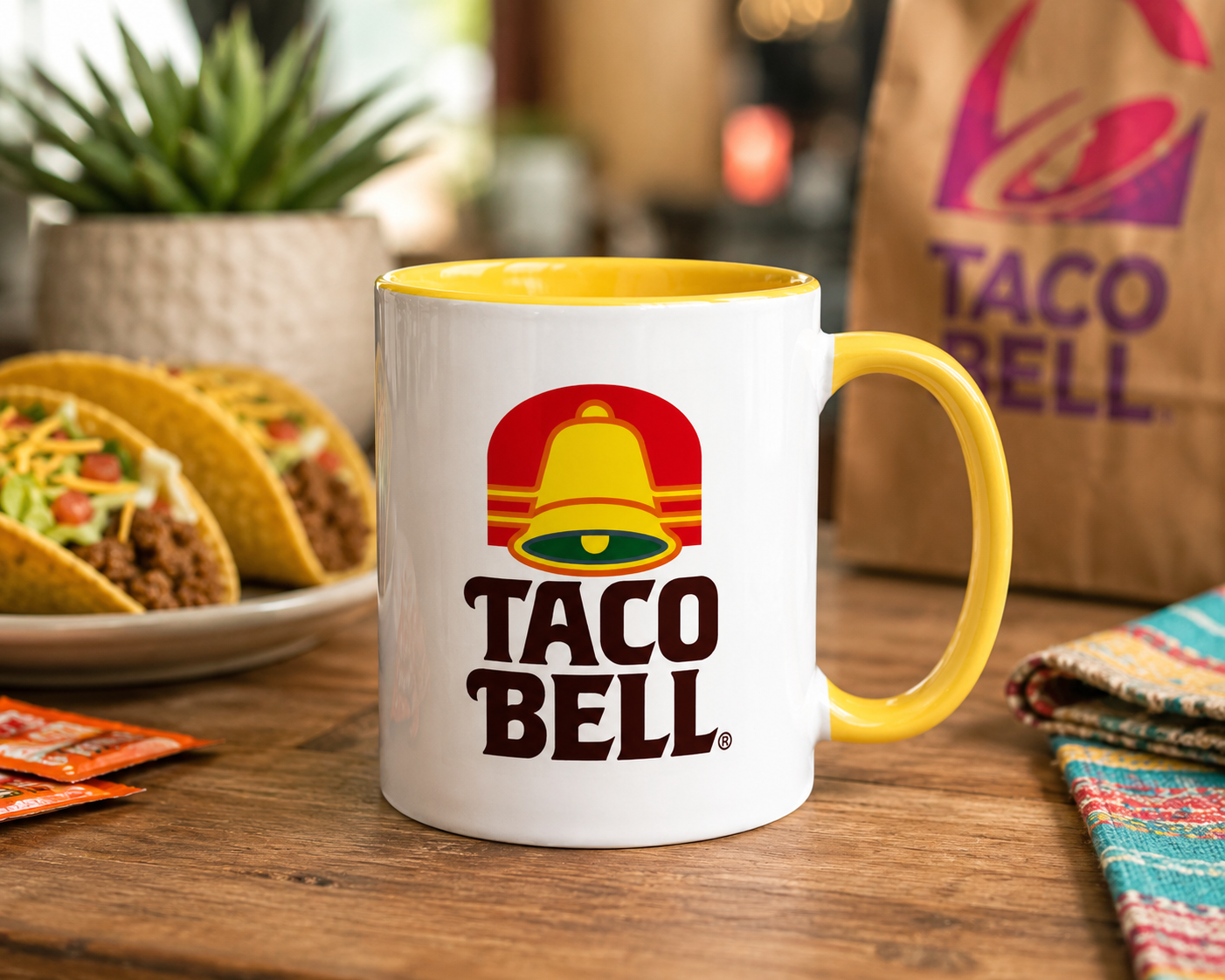 Classic Taco Bell bell logo ceramic coffee mug showcasing nostalgic restaurant branding, ideal for Taco Bell enthusiasts, collectors, and lovers of vintage Americana.