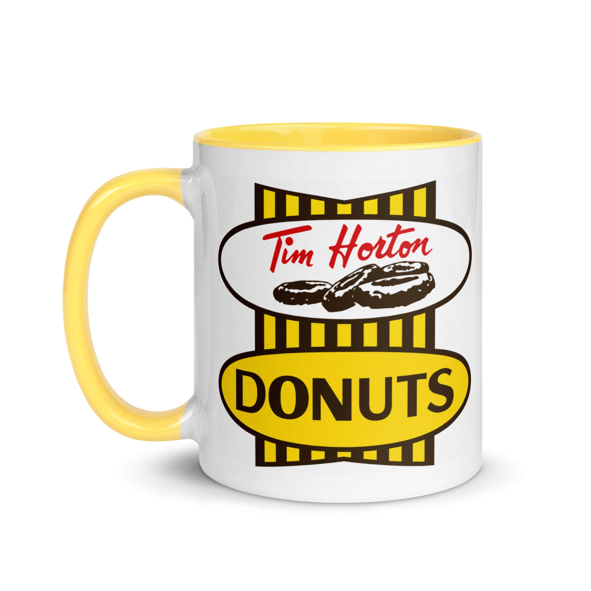 Classic Tim Hortons Donuts 11 oz ceramic coffee mug with vintage yellow, red and brown logo, retro Canadian coffee shop design.