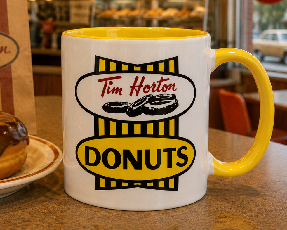 Vintage Tim Hortons Donuts coffee mug featuring classic retro donut shop logo on white ceramic with yellow handle and interior.