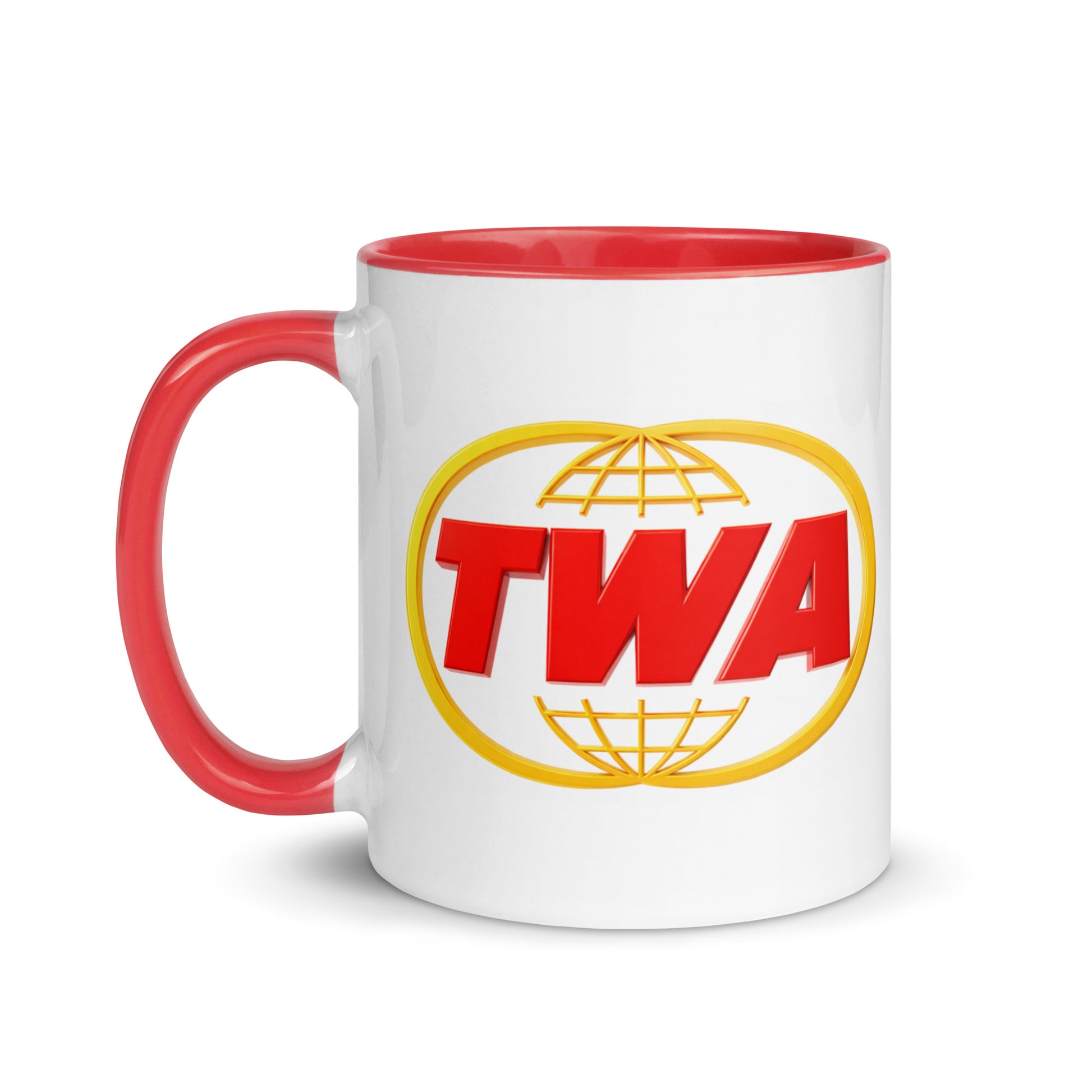 Vintage TWA Trans World Airlines logo coffee mug featuring the iconic red and gold airline emblem on a premium white ceramic mug with a red interior and handle, perfect for aviation enthusiasts and airline memorabilia collectors.
