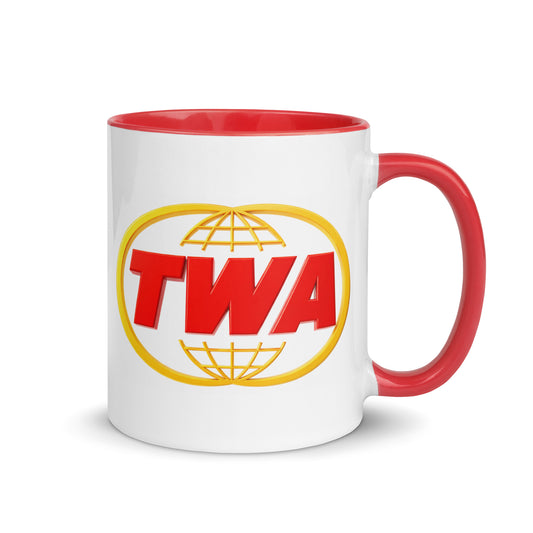 Classic TWA airline logo ceramic coffee mug with the legendary Trans World Airlines globe emblem, white exterior with red accents, ideal gift for pilots, flight attendants, travelers, and vintage aviation fans.
