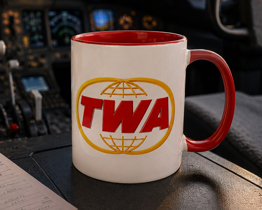 Vintage TWA Trans World Airlines logo coffee mug featuring the iconic red and gold airline emblem on a premium white ceramic mug with a red interior and handle, perfect for aviation enthusiasts and airline memorabilia collectors.
