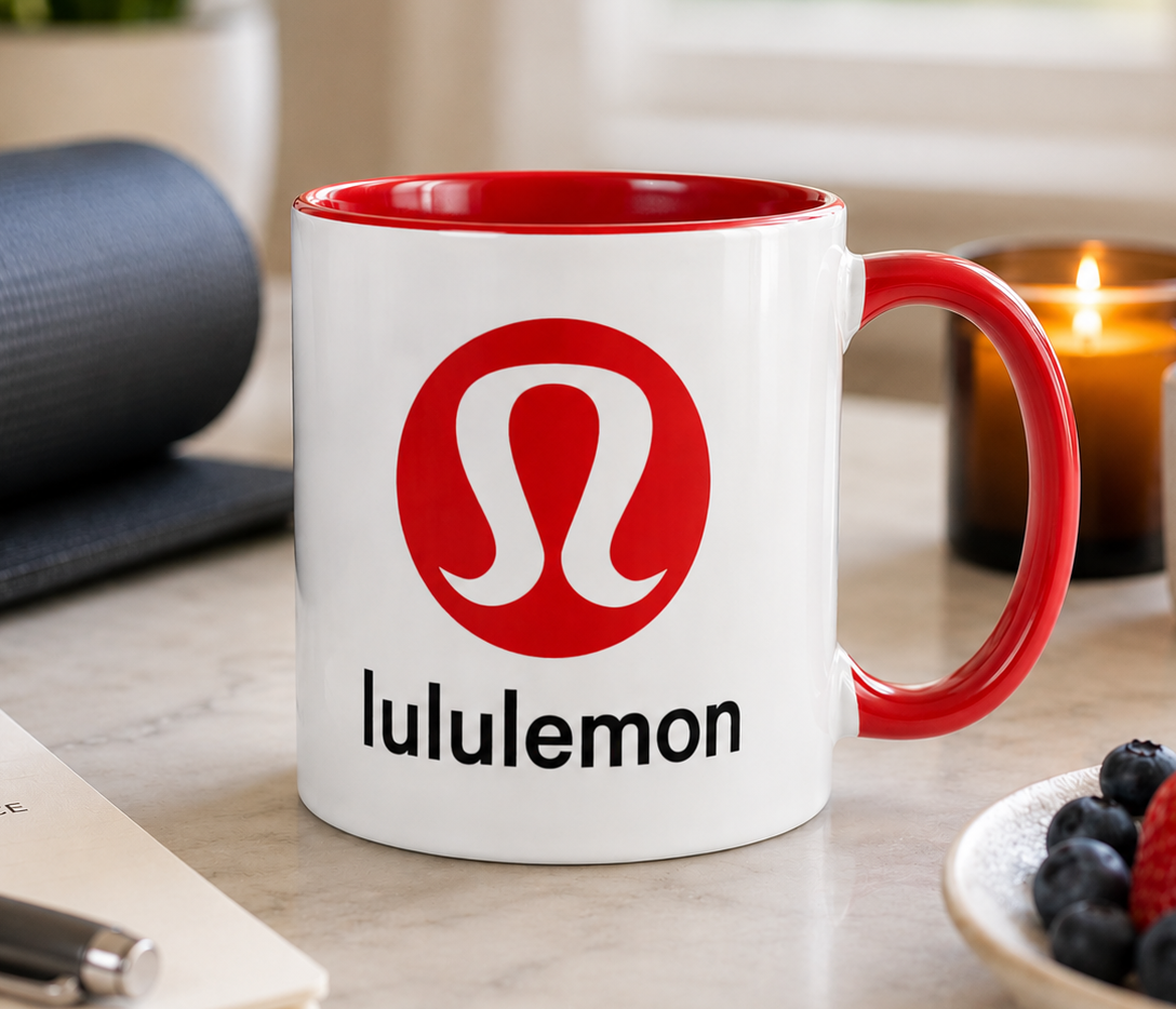 Lululemon logo coffee mug with red accent handle and interior, featuring the iconic athletic apparel brand logo on a white ceramic coffee cup.