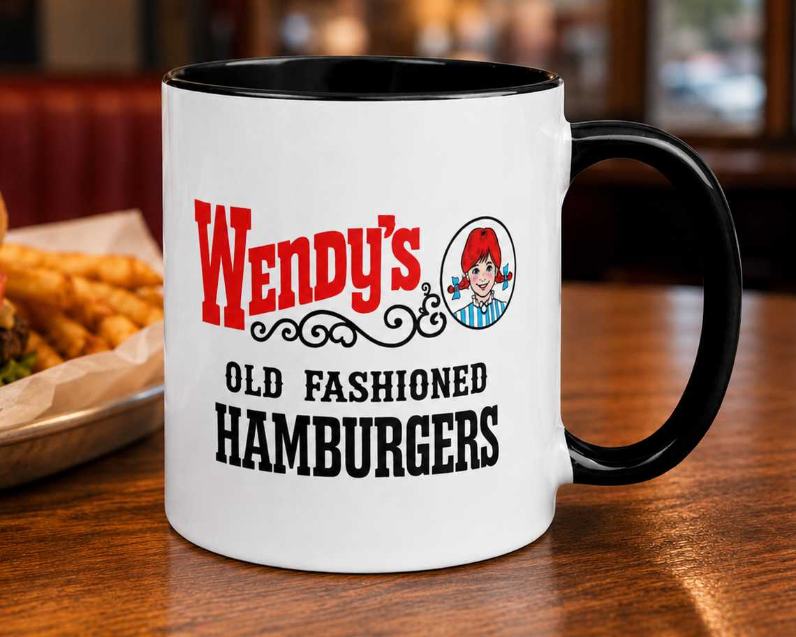 Wendy's Old Fashioned Hamburgers coffee mug with black accent handle and interior, featuring the classic fast food restaurant logo on a white ceramic coffee cup.