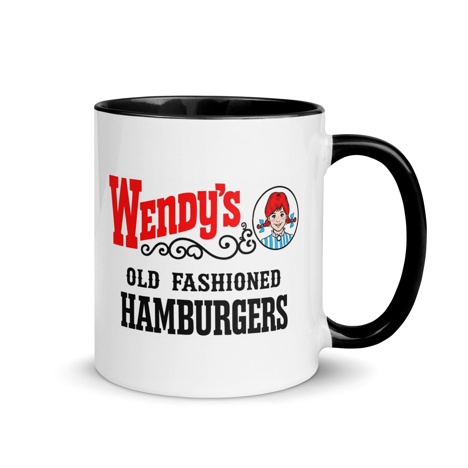 Wendy's Old Fashioned Hamburgers coffee mug with black accent handle and interior, featuring the iconic vintage restaurant logo on a white ceramic mug for collectors and fast food fans.