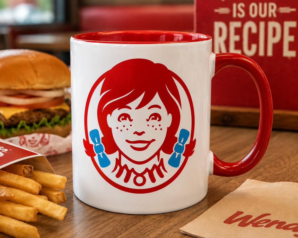 Vintage Wendy's inspired coffee mug showcasing iconic red-haired restaurant mascot design for fast-food memorabilia collectors.