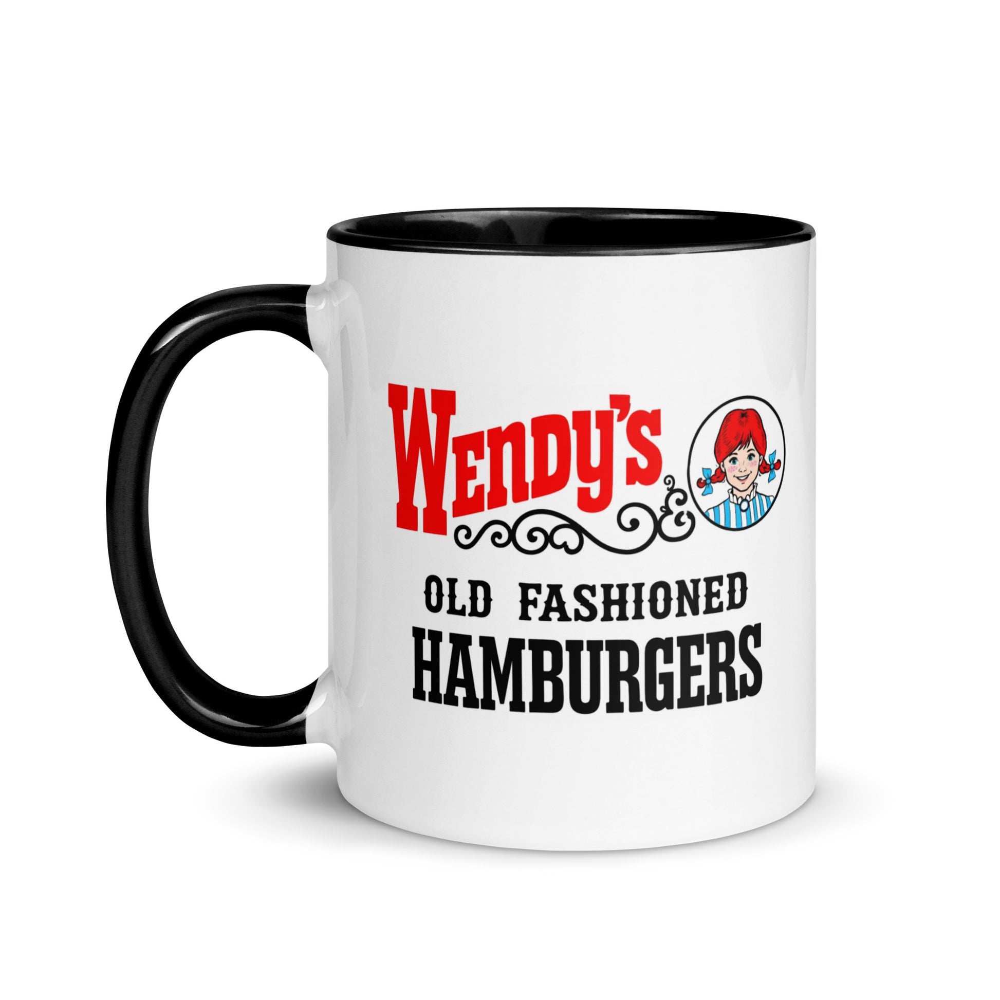 Wendy's themed coffee mug featuring the classic Old Fashioned Hamburgers design, nostalgic restaurant drinkware gift for collectors, burger lovers, and retro Americana fans.
