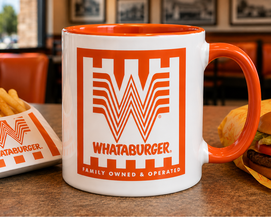 Vintage Whataburger logo coffee mug featuring the classic orange Flying W design, perfect for fast food enthusiasts, Texas restaurant fans, nostalgic collectors, and coffee lovers.