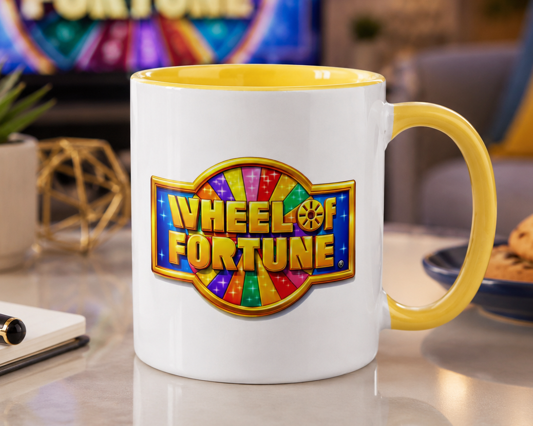 Wheel of Fortune logo coffee mug with yellow accent handle and interior, featuring the iconic television game show logo on a white ceramic coffee cup.