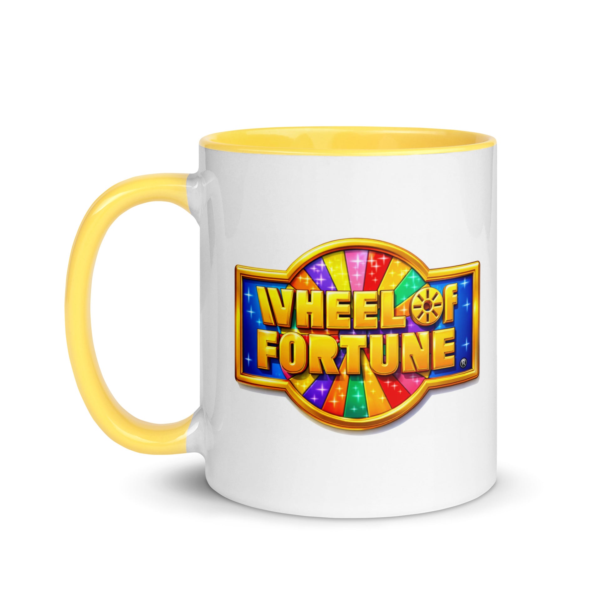 Wheel of Fortune themed coffee mug featuring the classic game show logo, nostalgic television memorabilia gift for puzzle lovers, collectors, and trivia fans.