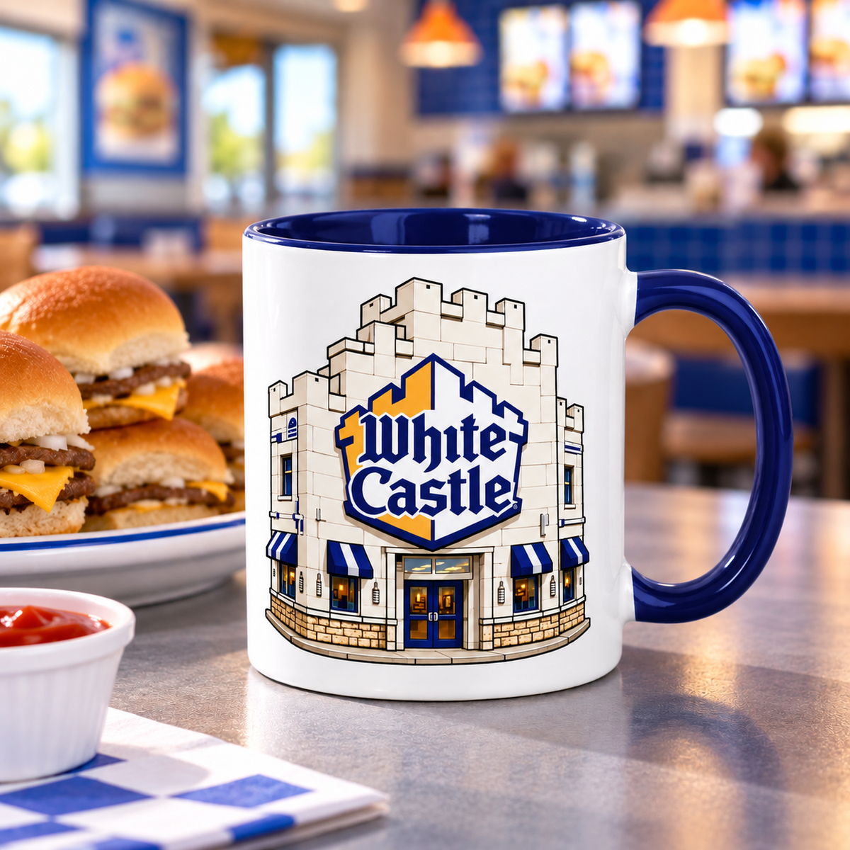 White Castle logo coffee mug featuring iconic castle restaurant storefront on white ceramic 11 oz mug