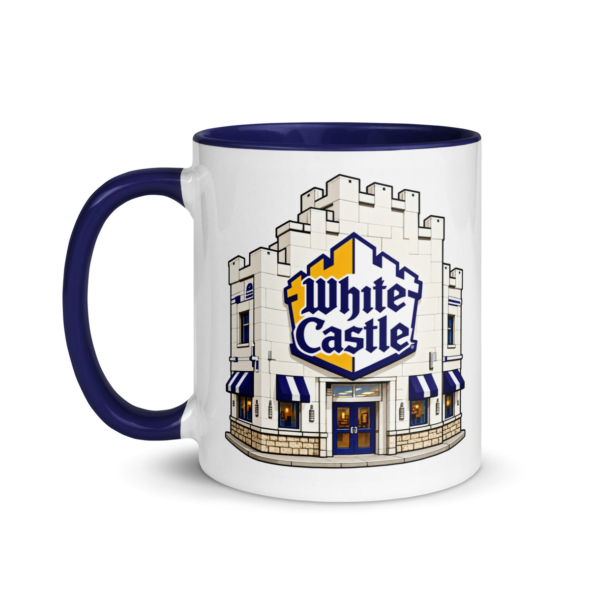 White Castle 11 oz ceramic coffee mug with vintage fast food restaurant logo and nostalgic storefront artwork