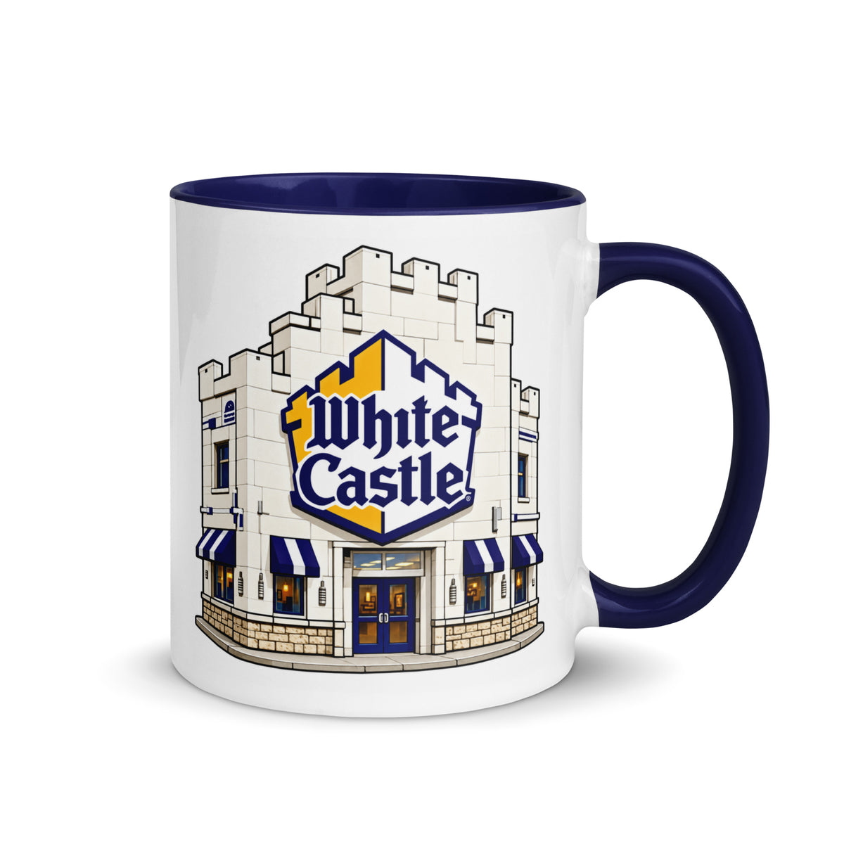 White Castle 11 oz coffee mug with classic restaurant logo and castle storefront design