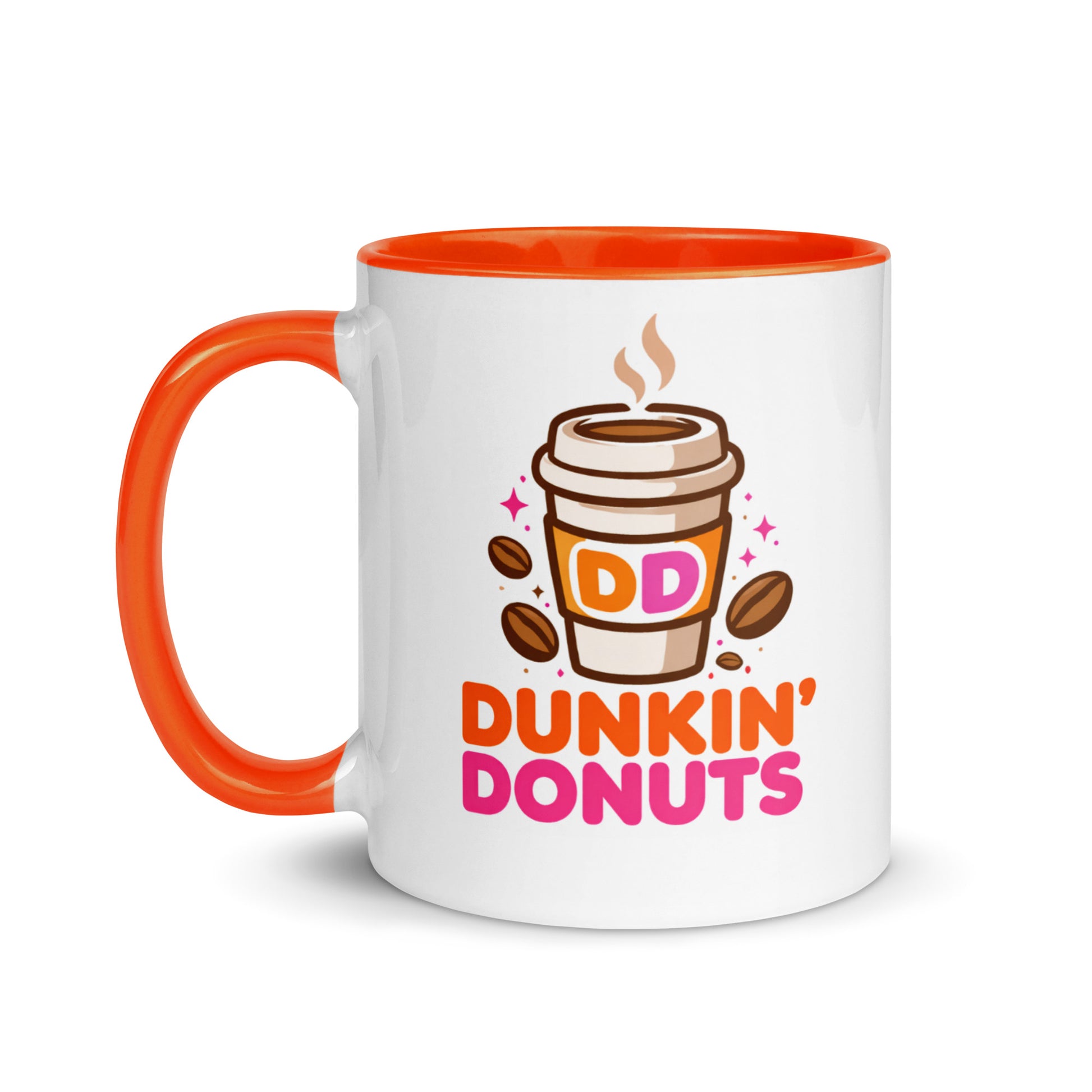 Dunkin' Donuts coffee mug with orange accent handle and interior, featuring the iconic coffee cup logo and colorful branding on a white ceramic coffee cup.